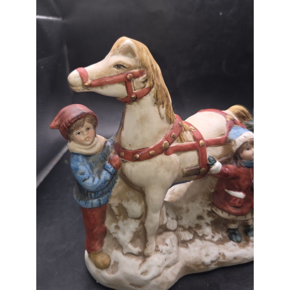 Christmas Around The World Bringing In The Tree Porcelain Music Box Horse Child